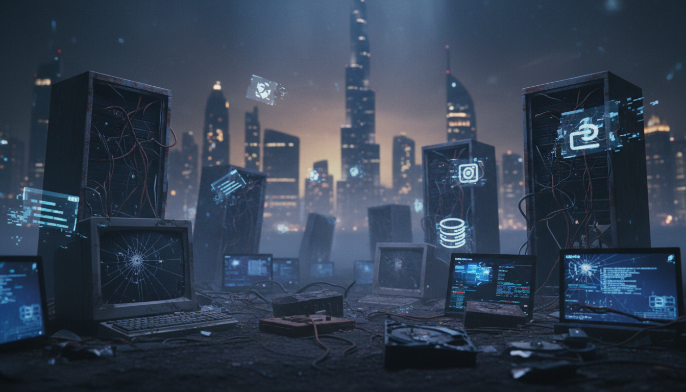 Graveyard of old computers and software icons, with Dubai skyline in background