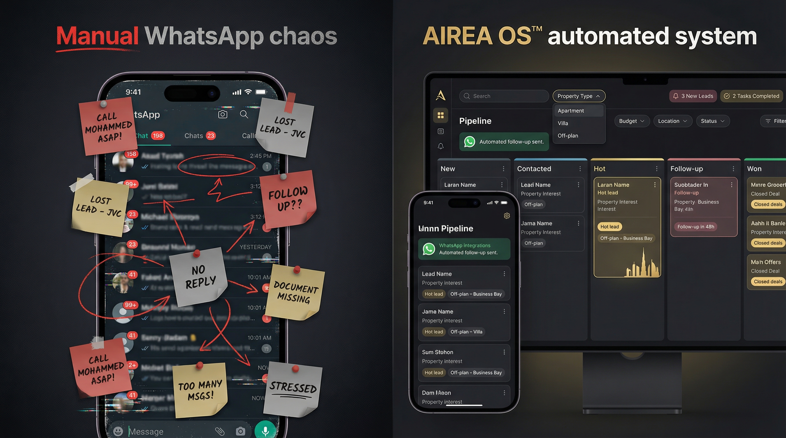 Side-by-side comparison showing manual lead management chaos versus AIREA OS automated system with organized pipeline